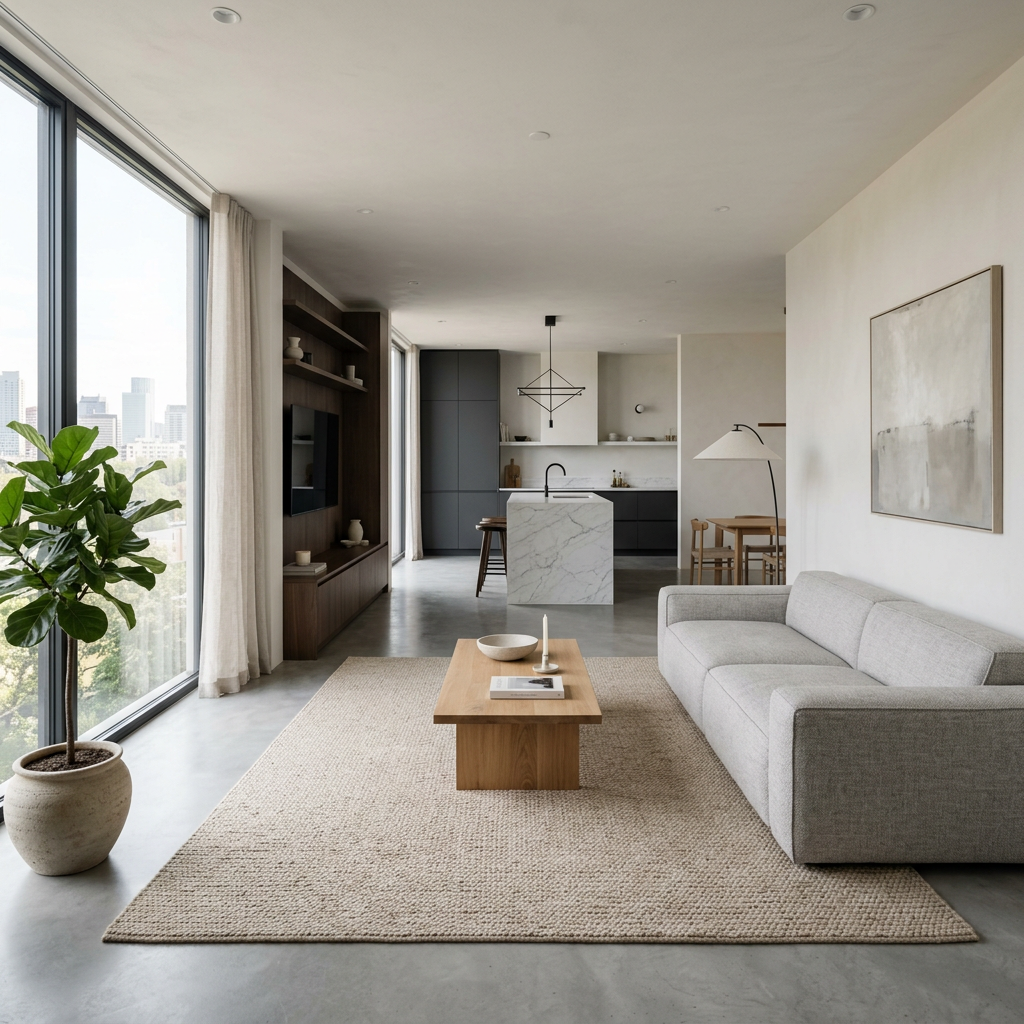 Minimalist living room with gray sofa, wooden coffee table, large windows, and open kitchen.