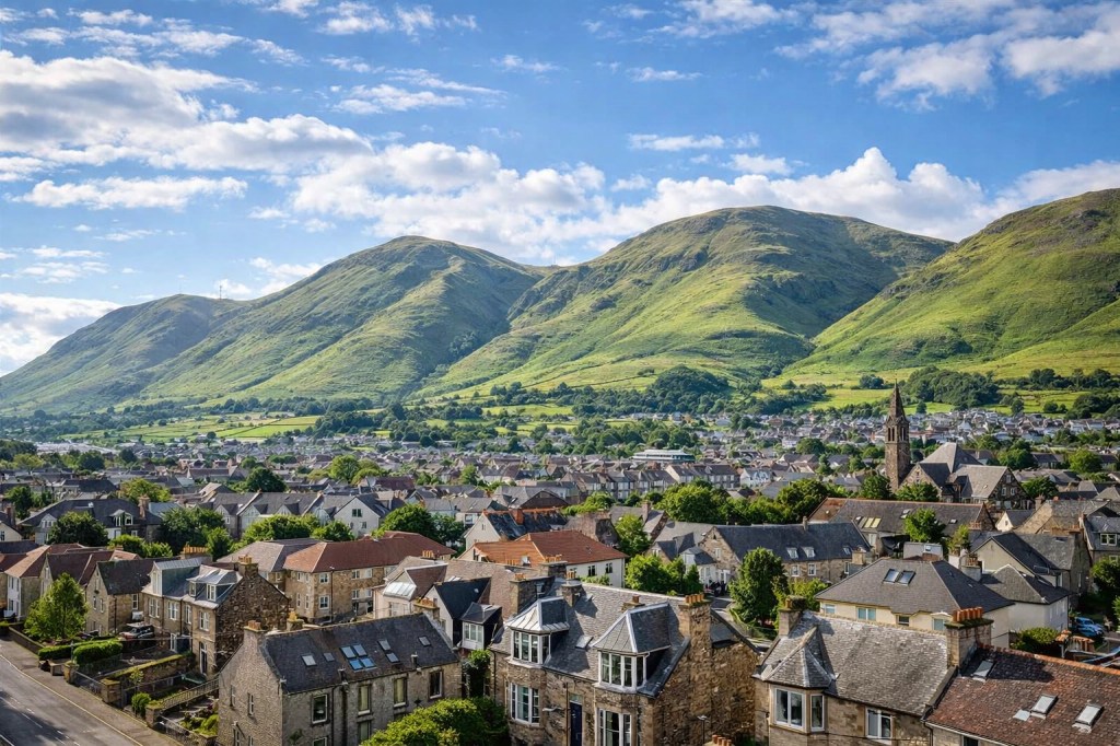 A stunning view of Tillicoultry nestled at the foot of the Ochil Hills